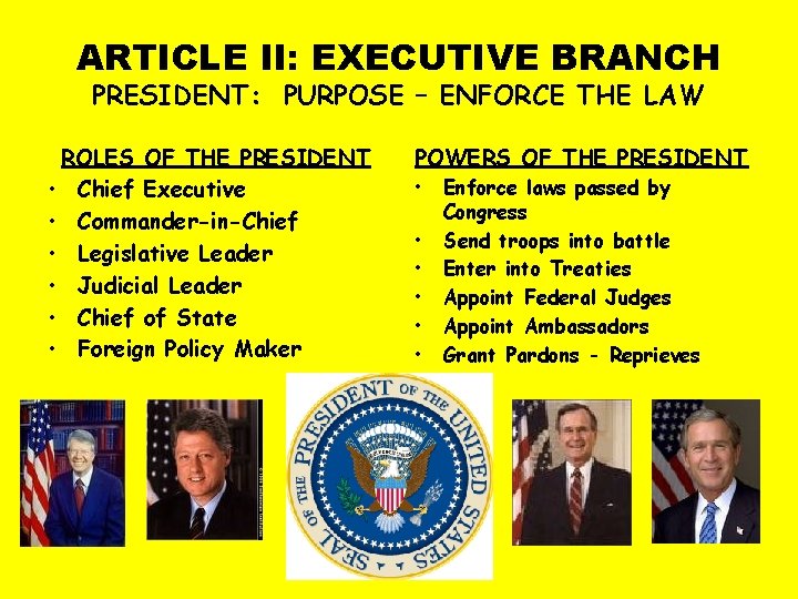 ARTICLE II: EXECUTIVE BRANCH PRESIDENT: PURPOSE – ENFORCE THE LAW ROLES OF THE PRESIDENT