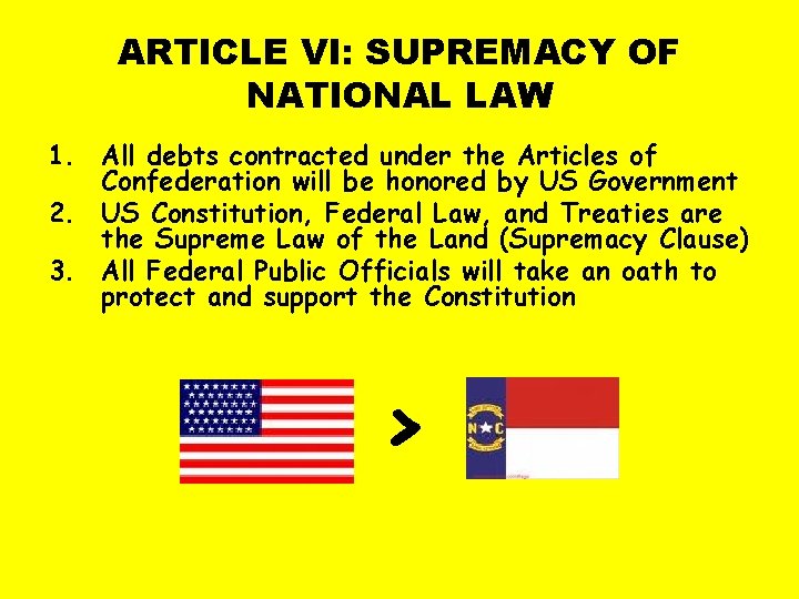 ARTICLE VI: SUPREMACY OF NATIONAL LAW 1. All debts contracted under the Articles of