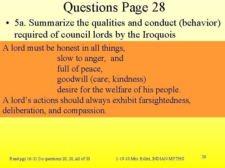 Questions Page 28 • 5 a. Summarize the qualities and conduct (behavior) required of