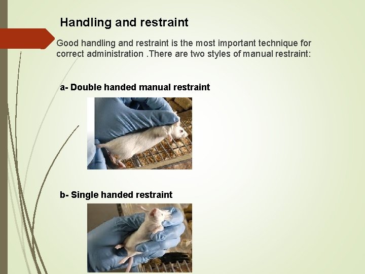 Handling and restraint Good handling and restraint is the most important technique for correct