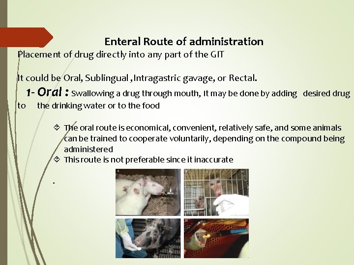 Enteral Route of administration Placement of drug directly into any part of the GIT