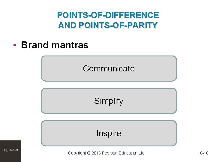 POINTS-OF-DIFFERENCE AND POINTS-OF-PARITY • Brand mantras Communicate Simplify Inspire Copyright © 2016 Pearson Education