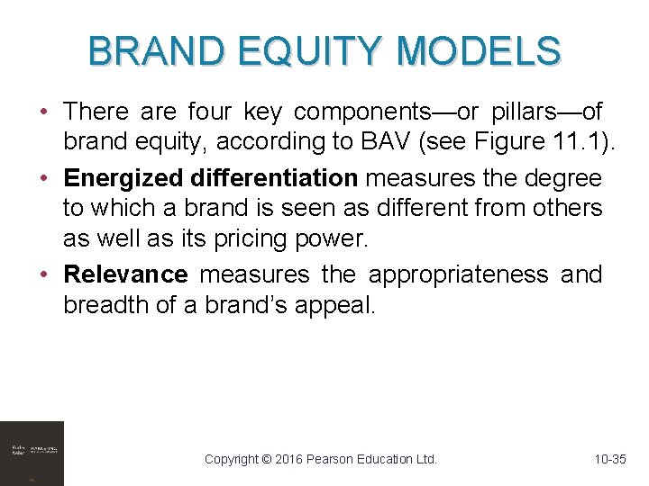 BRAND EQUITY MODELS • There are four key components—or pillars—of brand equity, according to