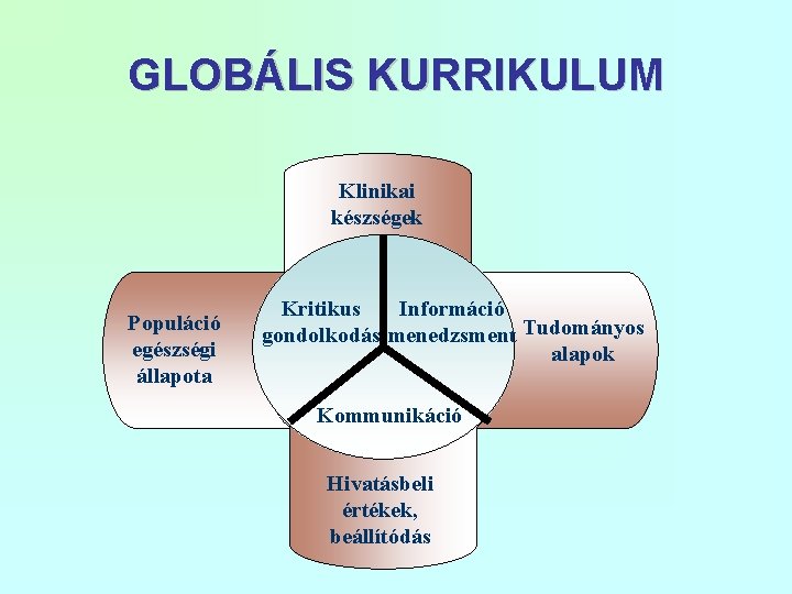 GLOBÁLIS KURRIKULUM Klinikai készségek Populáció egészségi állapota Kritikus Információ gondolkodás menedzsment Tudományos alapok Kommunikáció