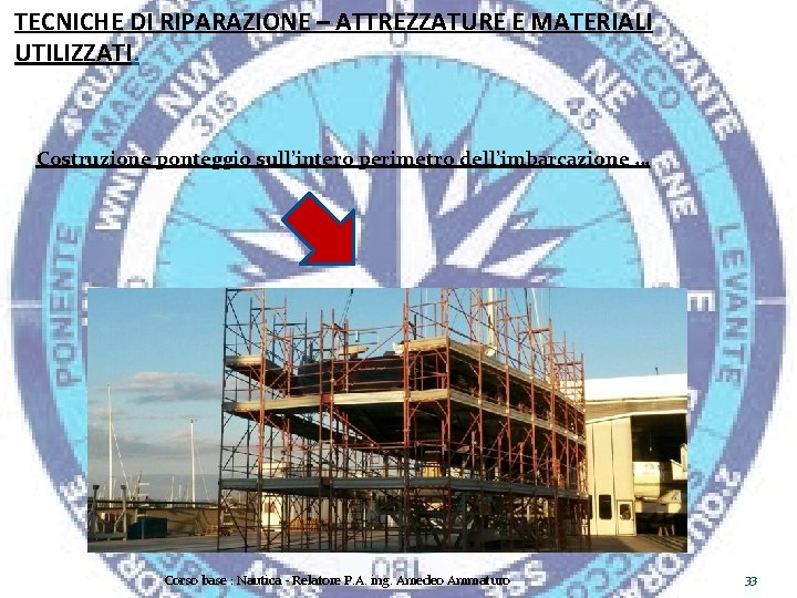 TECNICHE DI RIPARAZIONE – ATTREZZATURE E MATERIALI UTILIZZATI. Costruzione ponteggio sull’intero perimetro dell’imbarcazione …