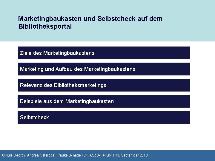 Marketingbaukasten und Selbstcheck auf dem Bibliotheksportal Ziele des Marketingbaukastens Marketing und Aufbau des Marketingbaukastens