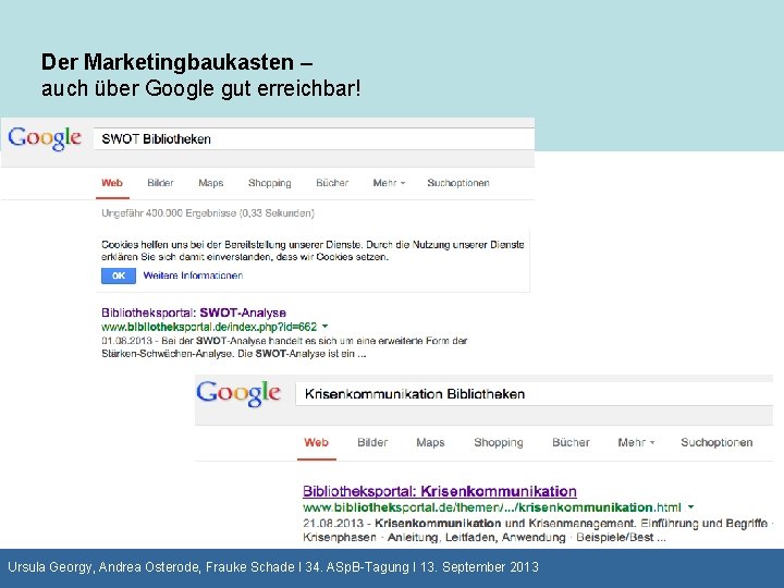 Der Marketingbaukasten – auch über Google gut erreichbar! Ursula Georgy, Andrea Osterode, Frauke Schade