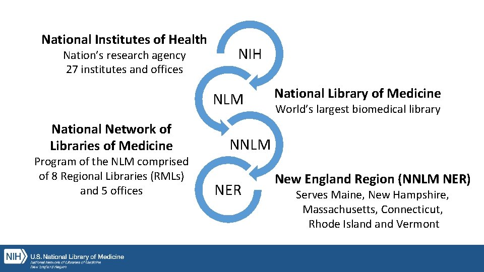 National Institutes of Health Nation’s research agency 27 institutes and offices NIH NLM National