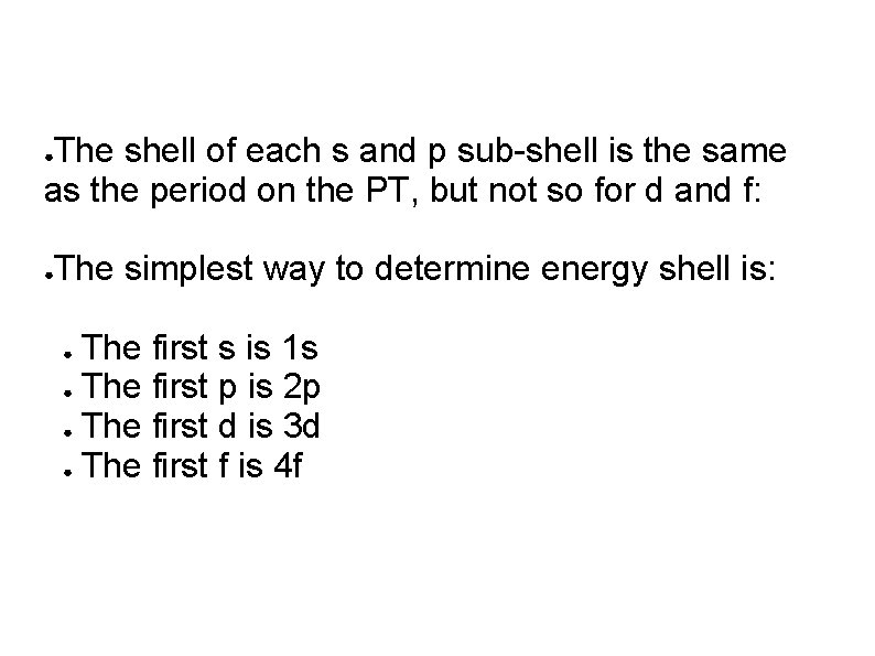 The shell of each s and p sub-shell is the same as the period The shell of each s and p sub-shell is the same as the period