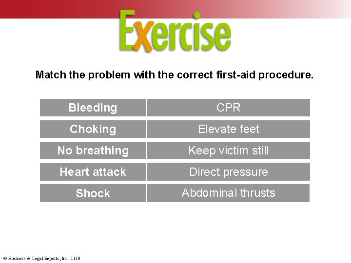 Match the problem with the correct first-aid procedure. Bleeding CPR Choking Elevate feet No