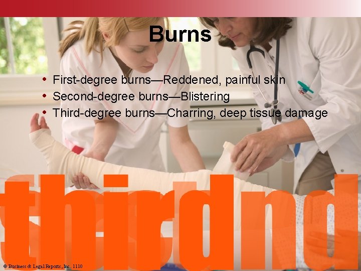 Burns • First-degree burns—Reddened, painful skin • Second-degree burns—Blistering • Third-degree burns—Charring, deep tissue