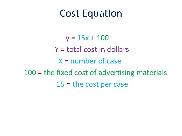 Cost Equation y = 15 x + 100 Y = total cost in dollars