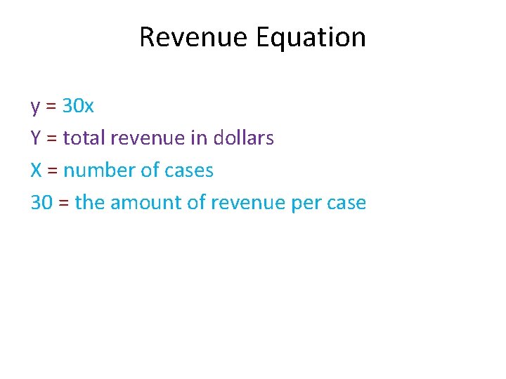 Revenue Equation y = 30 x Y = total revenue in dollars X =