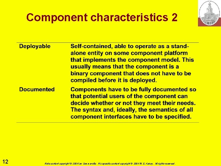 Component characteristics 2 12 Note content copyright © 2004 Ian Sommerville. NU-specific content copyright