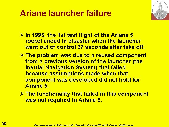 Ariane launcher failure Ø In 1996, the 1 st test flight of the Ariane