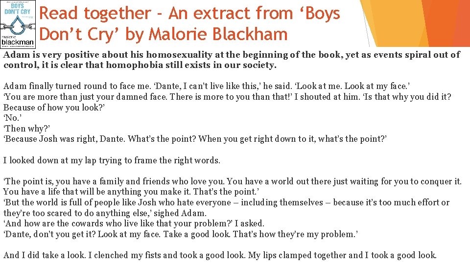 Read together - An extract from ‘Boys Don’t Cry’ by Malorie Blackham Adam is