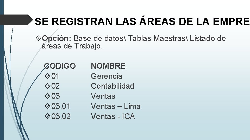 SE REGISTRAN LAS ÁREAS DE LA EMPRES Opción: Base de datos Tablas Maestras Listado