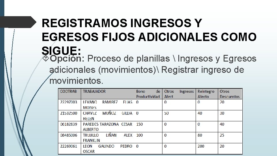 REGISTRAMOS INGRESOS Y EGRESOS FIJOS ADICIONALES COMO SIGUE: Opción: Proceso de planillas  Ingresos