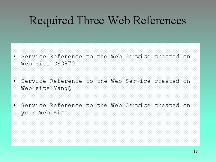 Required Three Web References • Service Reference to the Web Service created on Web