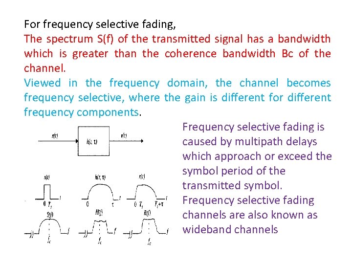 For frequency selective fading, The spectrum S(f) of the transmitted signal has a bandwidth