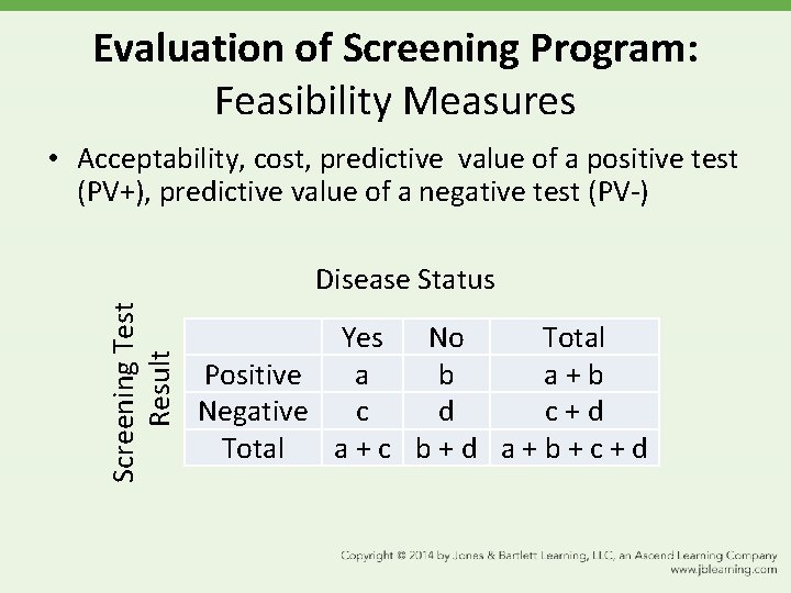 Evaluation of Screening Program: Feasibility Measures • Acceptability, cost, predictive value of a positive