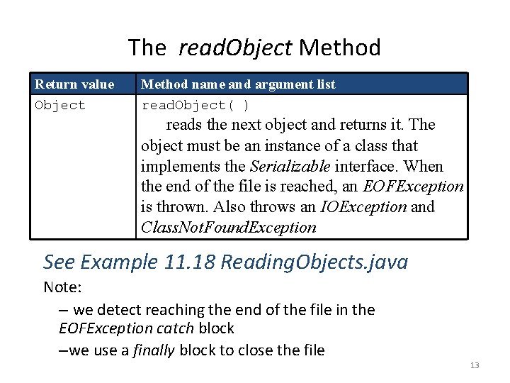 The read. Object Method Return value Object Method name and argument list read. Object( The read. Object Method Return value Object Method name and argument list read. Object(