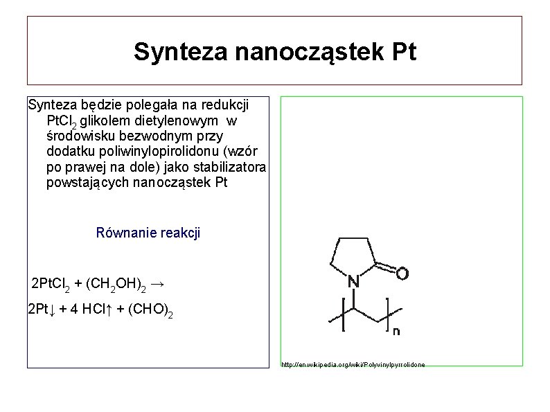 Synteza nanocząstek Pt Synteza będzie polegała na redukcji Pt. Cl 2 glikolem dietylenowym w