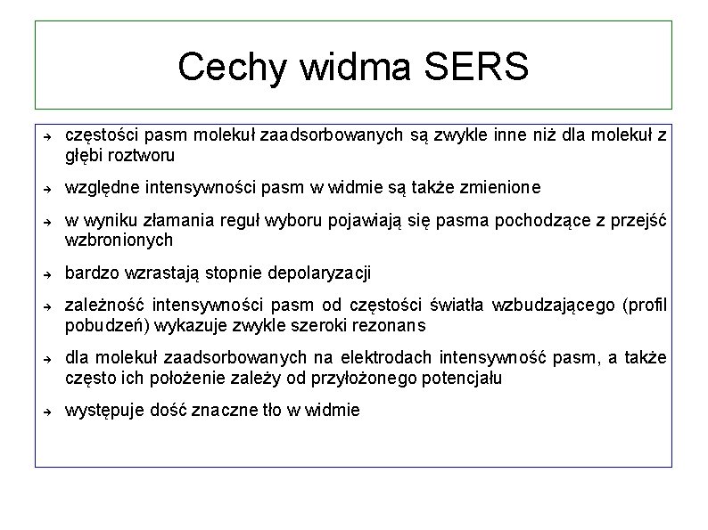 Cechy widma SERS częstości pasm molekuł zaadsorbowanych są zwykle inne niż dla molekuł z