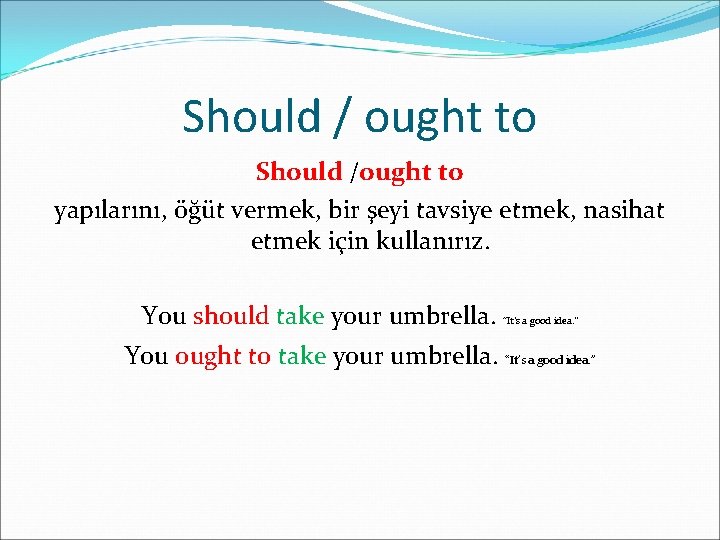 Should / ought to Should /ought to yapılarını, öğüt vermek, bir şeyi tavsiye etmek,