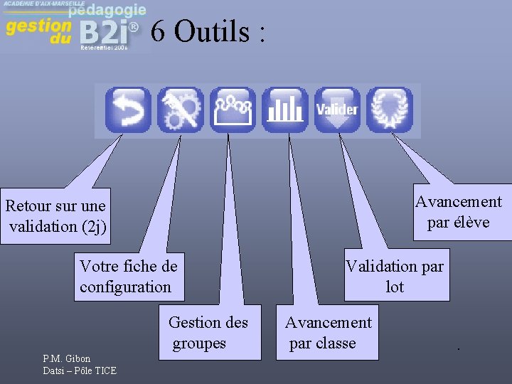 6 Outils : Avancement par élève Retour sur une validation (2 j) Votre fiche