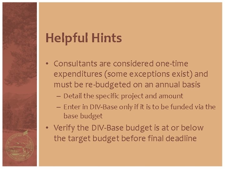 Helpful Hints • Consultants are considered one-time expenditures (some exceptions exist) and must be