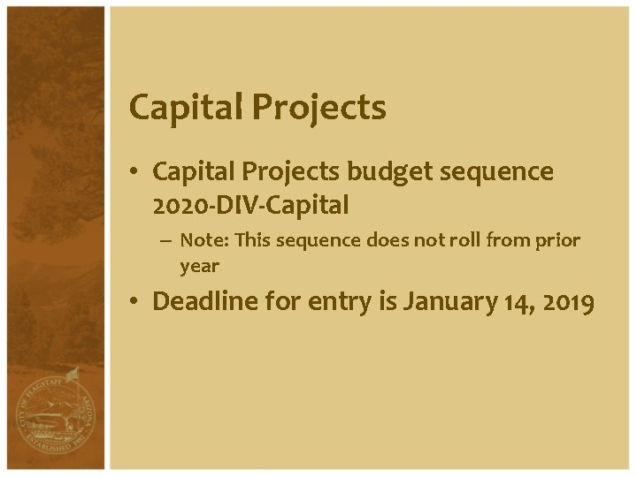 Capital Projects • Capital Projects budget sequence 2020 -DIV-Capital – Note: This sequence does