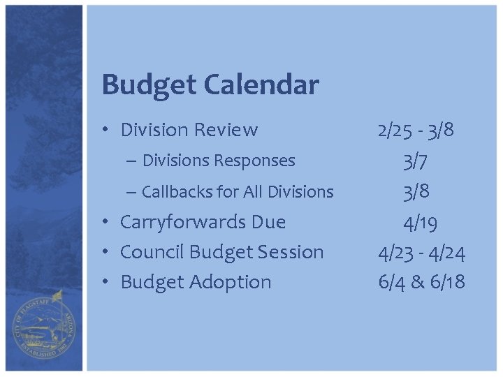 Budget Calendar • Division Review – Divisions Responses – Callbacks for All Divisions •