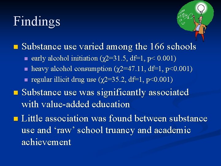 Findings n Substance use varied among the 166 schools n n n early alcohol