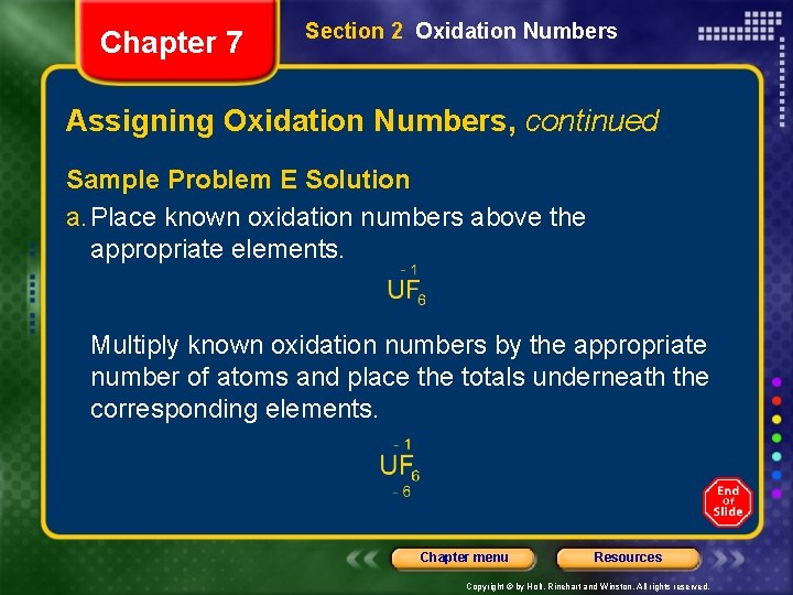 Chapter 7 Section 2 Oxidation Numbers Assigning Oxidation Numbers, continued Sample Problem E Solution