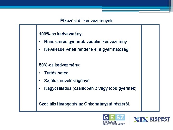 Étkezési díj kedvezmények 100%-os kedvezmény: • Rendszeres gyermek-védelmi kedvezmény • Nevelésbe vételt rendelte el Étkezési díj kedvezmények 100%-os kedvezmény: • Rendszeres gyermek-védelmi kedvezmény • Nevelésbe vételt rendelte el