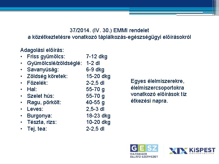 37/2014. (IV. 30. ) EMMI rendelet a közétkeztetésre vonatkozó táplálkozás-egészségügyi előírásokról Adagolási előírás: • 37/2014. (IV. 30. ) EMMI rendelet a közétkeztetésre vonatkozó táplálkozás-egészségügyi előírásokról Adagolási előírás: •