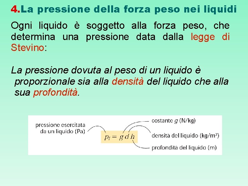 4. La pressione della forza peso nei liquidi Ogni liquido è soggetto alla forza