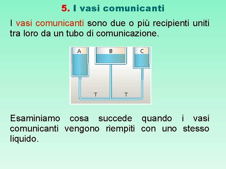 5. I vasi comunicanti sono due o più recipienti uniti tra loro da un