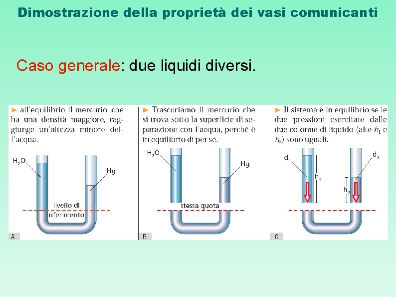 Dimostrazione della proprietà dei vasi comunicanti Caso generale: due liquidi diversi. 