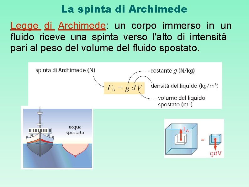 La spinta di Archimede Legge di Archimede: un corpo immerso in un fluido riceve