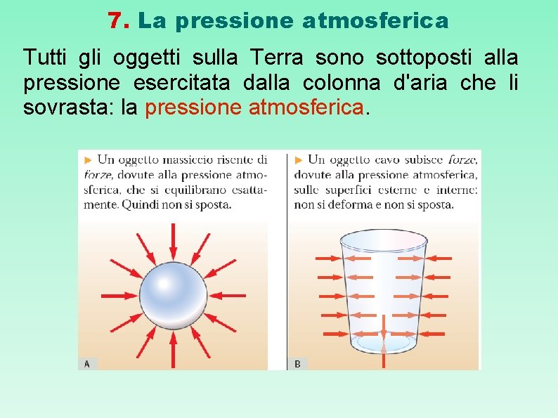 7. La pressione atmosferica Tutti gli oggetti sulla Terra sono sottoposti alla pressione esercitata