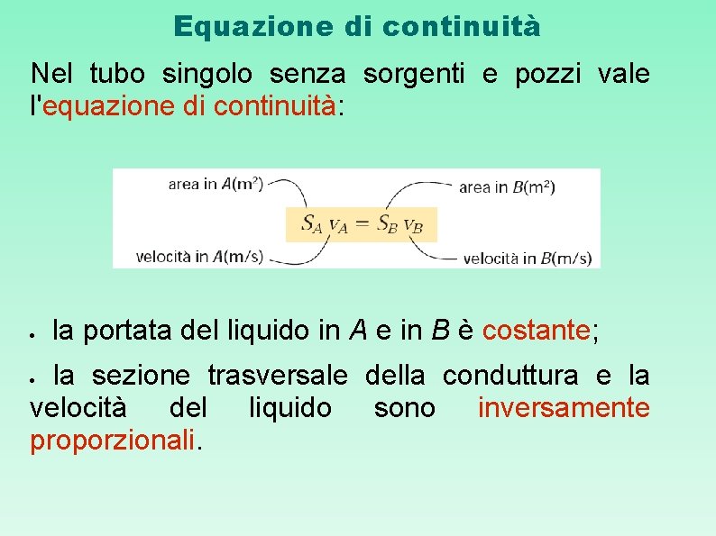 Equazione di continuità Nel tubo singolo senza sorgenti e pozzi vale l'equazione di continuità: