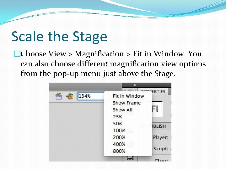 Scale the Stage �Choose View > Magnification > Fit in Window. You can also