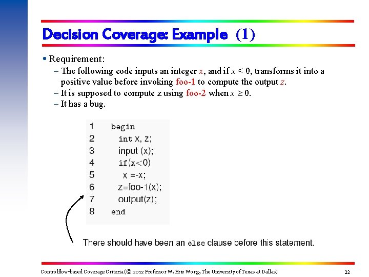 Decision Coverage: Example (1) Requirement: – The following code inputs an integer x, and