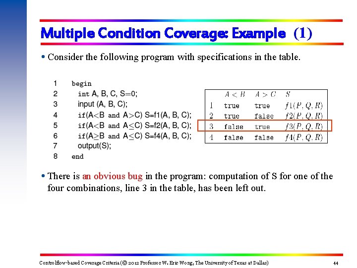 Multiple Condition Coverage: Example (1) Consider the following program with specifications in the table.