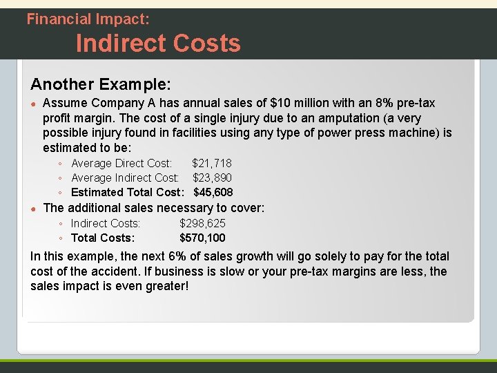 Financial Impact: Indirect Costs Another Example: ● Assume Company A has annual sales of