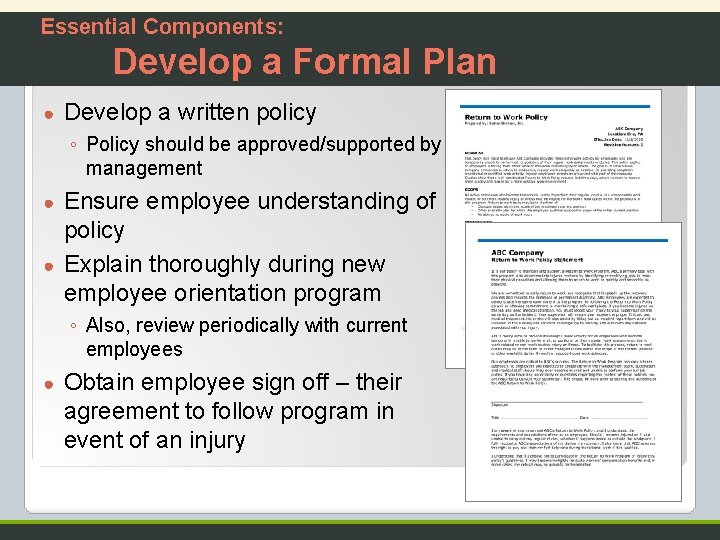 Essential Components: Develop a Formal Plan ● Develop a written policy ◦ Policy should