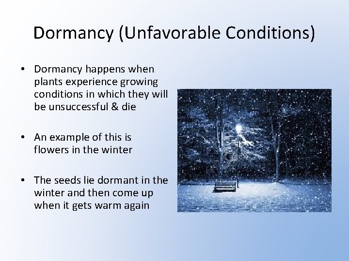 Dormancy (Unfavorable Conditions) • Dormancy happens when plants experience growing conditions in which they
