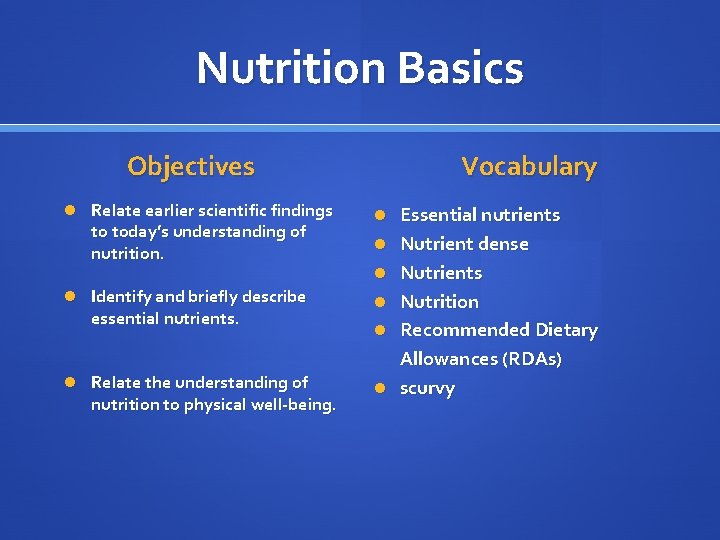 Nutrition Basics Objectives Relate earlier scientific findings to today’s understanding of nutrition. Identify and